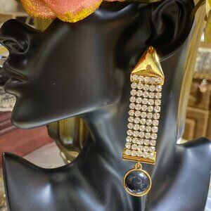 Heavy Rhinestone Fringe Earrings - Black Cabochon & Gold Tone Dangles!